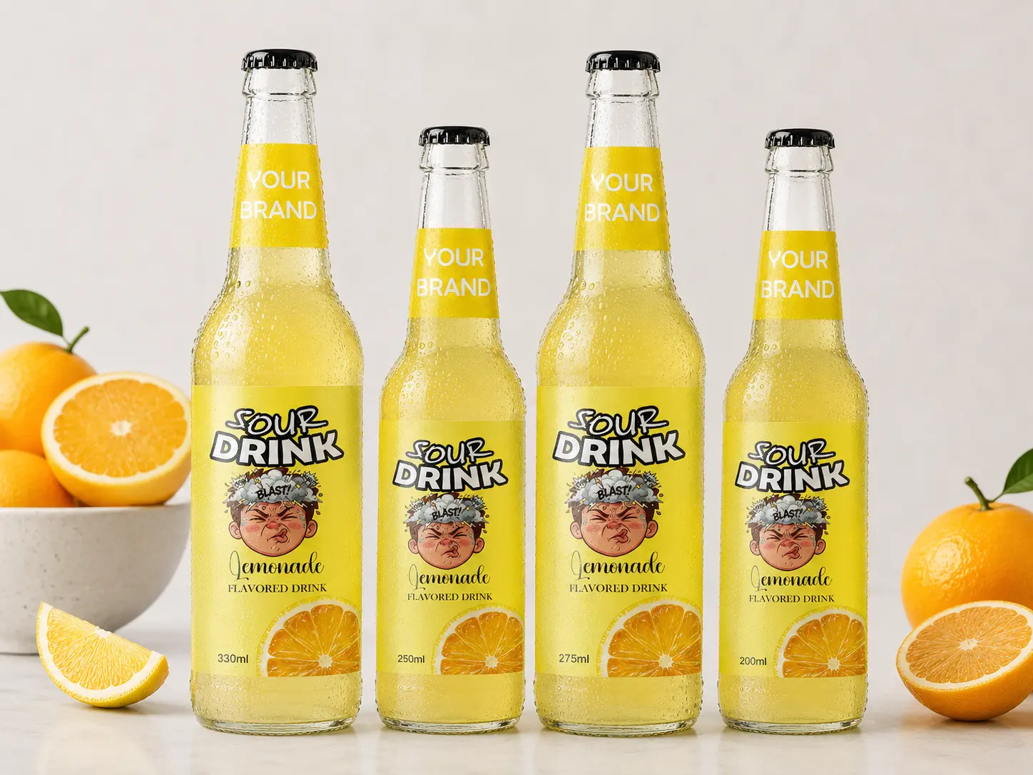 SOUR DRINK Lemonade Flavored Drink in 330ml, 250ml, 275ml, and 200ml glass bottles.
